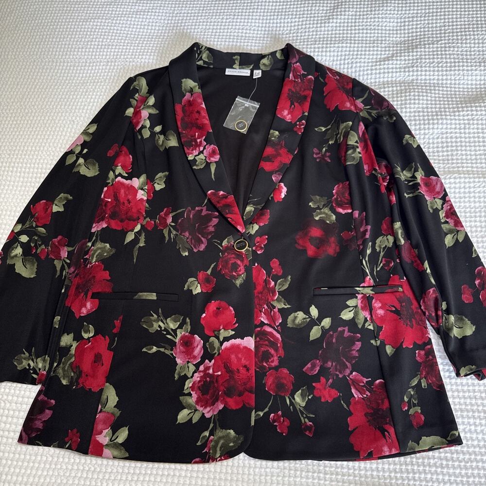 Susan Graver Black Red Floral Career Blazer Long Sleeve Women Plus 3X Jacket NEW